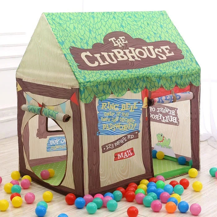 A green and brown foldable kids play tent with a pitched roof and wooden frame is shown.