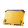 A yellow adjustable portable book stand with blue accents.