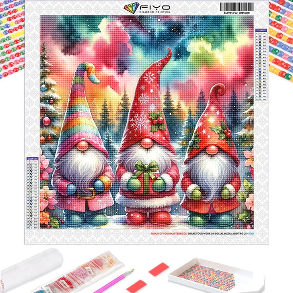 A diamond painting kit featuring three festive Christmas gnome figures in a colorful mosaic art style.