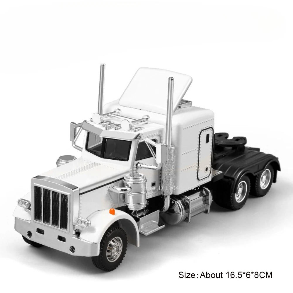 A white diecast container truck model with silver accents and a light bar on a white background.