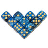 A set of ten blue acrylic dice with gold dots and rounded corners.