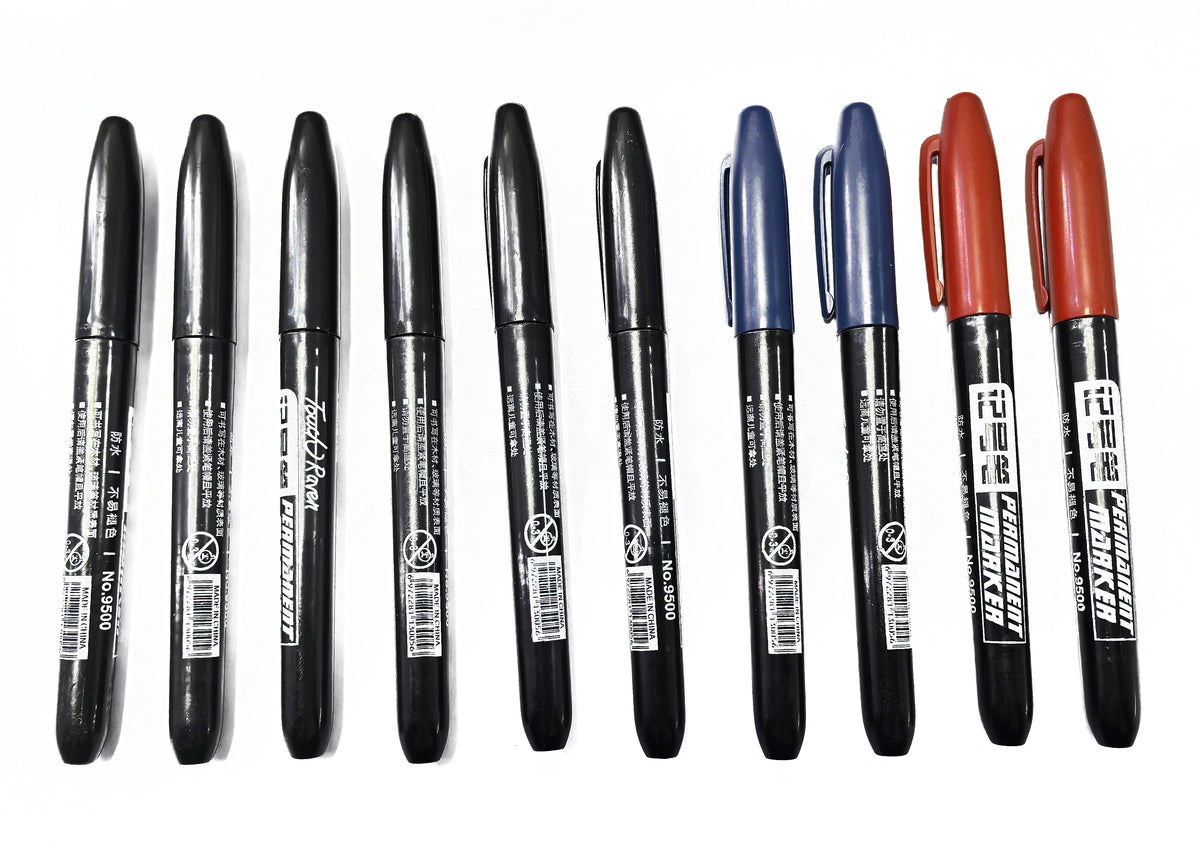 A pack of six permanent fine-tip markers in various colors including black, blue, and orange.