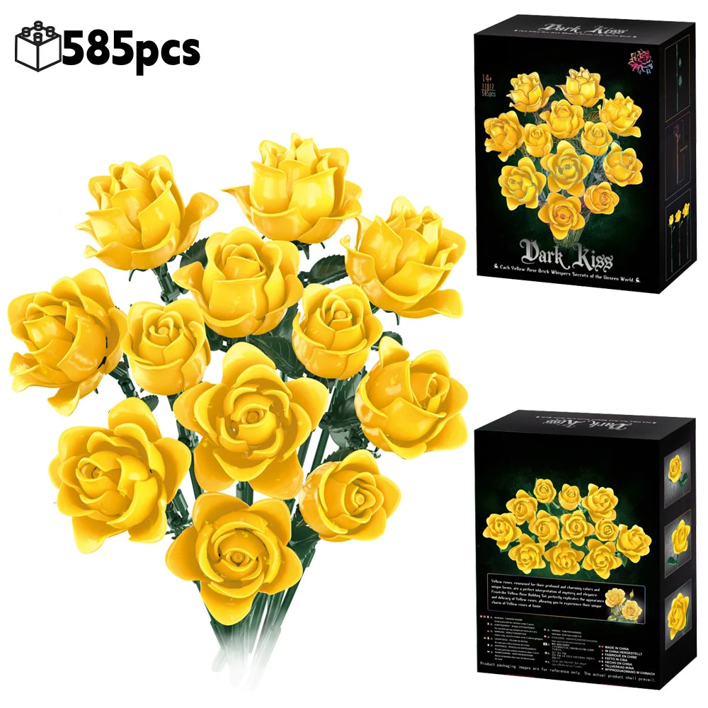 A box of 585 pieces of yellow silk rose building blocks forming a bouquet.