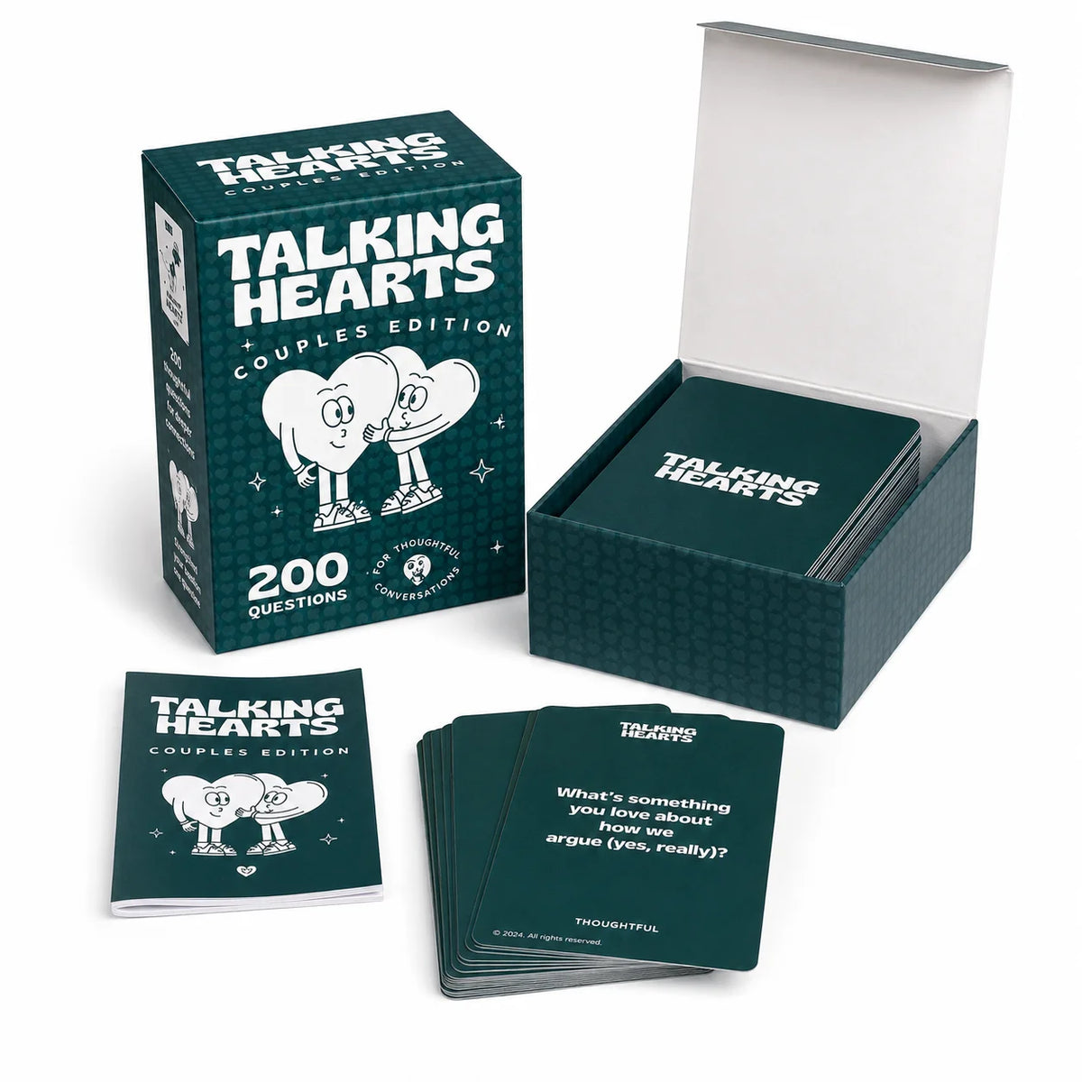 A box of Talking Hearts couples edition conversation cards with a lid open and a stack of cards displayed.