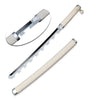 A replica Demon Slayer Tanjiro Katana sword with a bamboo handle and silver blade shown in various views.