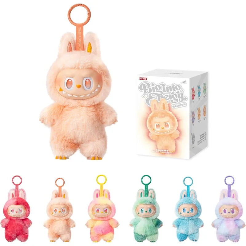A collection of Labubu The Monsters Big Into Energy plush dolls in various colors and styles.