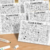 A page from a Look and Find activity book for kids featuring various hidden objects and fun coloring pages.