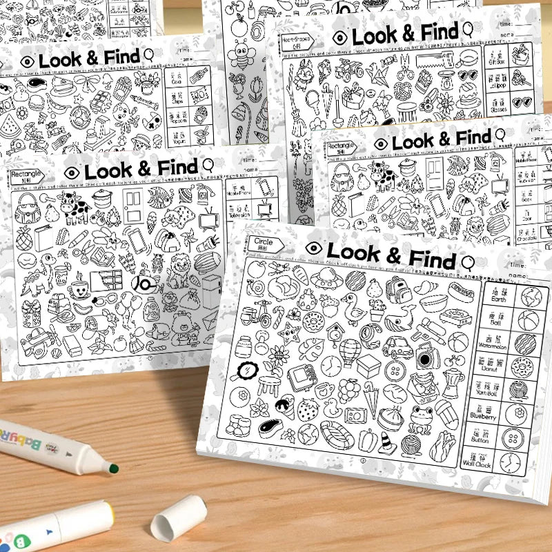A page from a Look and Find activity book for kids featuring various hidden objects and fun coloring pages.