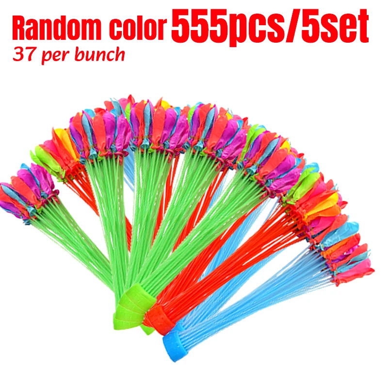 A bundle of 37 self-sealing water balloons in various bright colors, including red, blue, green, and purple.