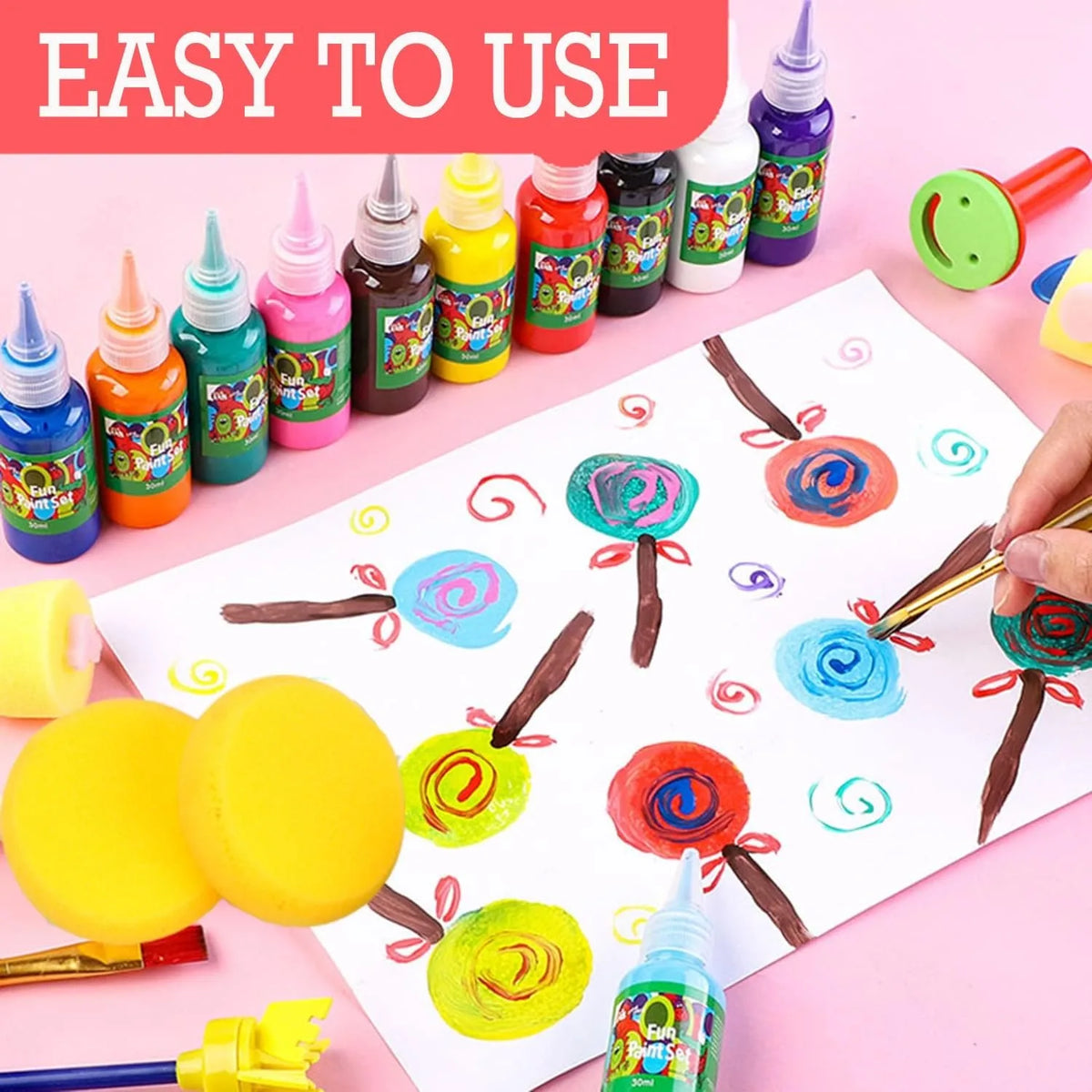 A collection of colorful soft dense paint sponges and tools for art and DIY projects