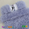 A close-up of a light purple chunky faux fur yarn skein with the brand name SnowFox visible.
