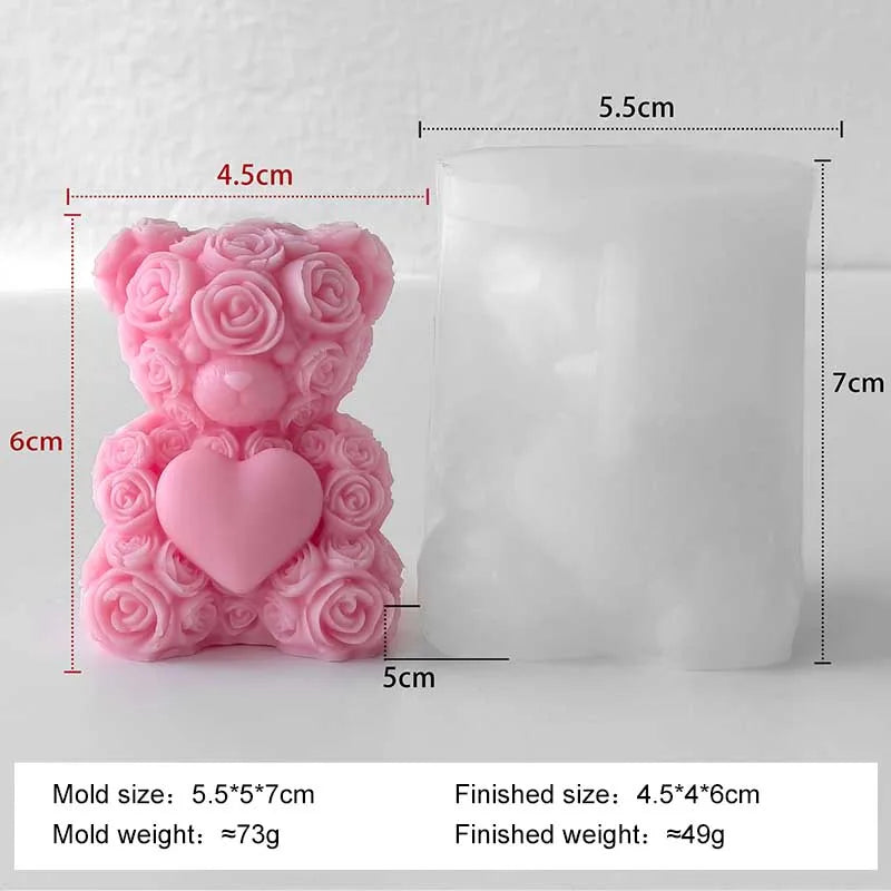 Pink rose bear silicone mold and finished product showing the size difference for DIY crafts