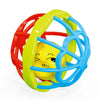 A colorful soft baby grasping ball rattle with a bell, featuring yellow and blue plastic rings.