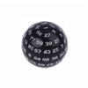 A black 100-sided polyhedral acrylic die showing various numbered faces.