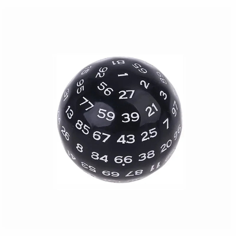 A black 100-sided polyhedral acrylic die showing various numbered faces.