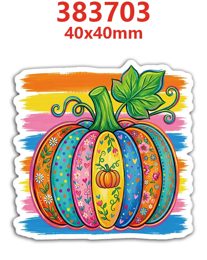 A colorful flatback resin décor set of ten pumpkins and gourds with vibrant autumn colors.