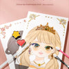 A drawing of a girl with blonde hair wearing a crown and makeup, surrounded by eyeshadow blush products.