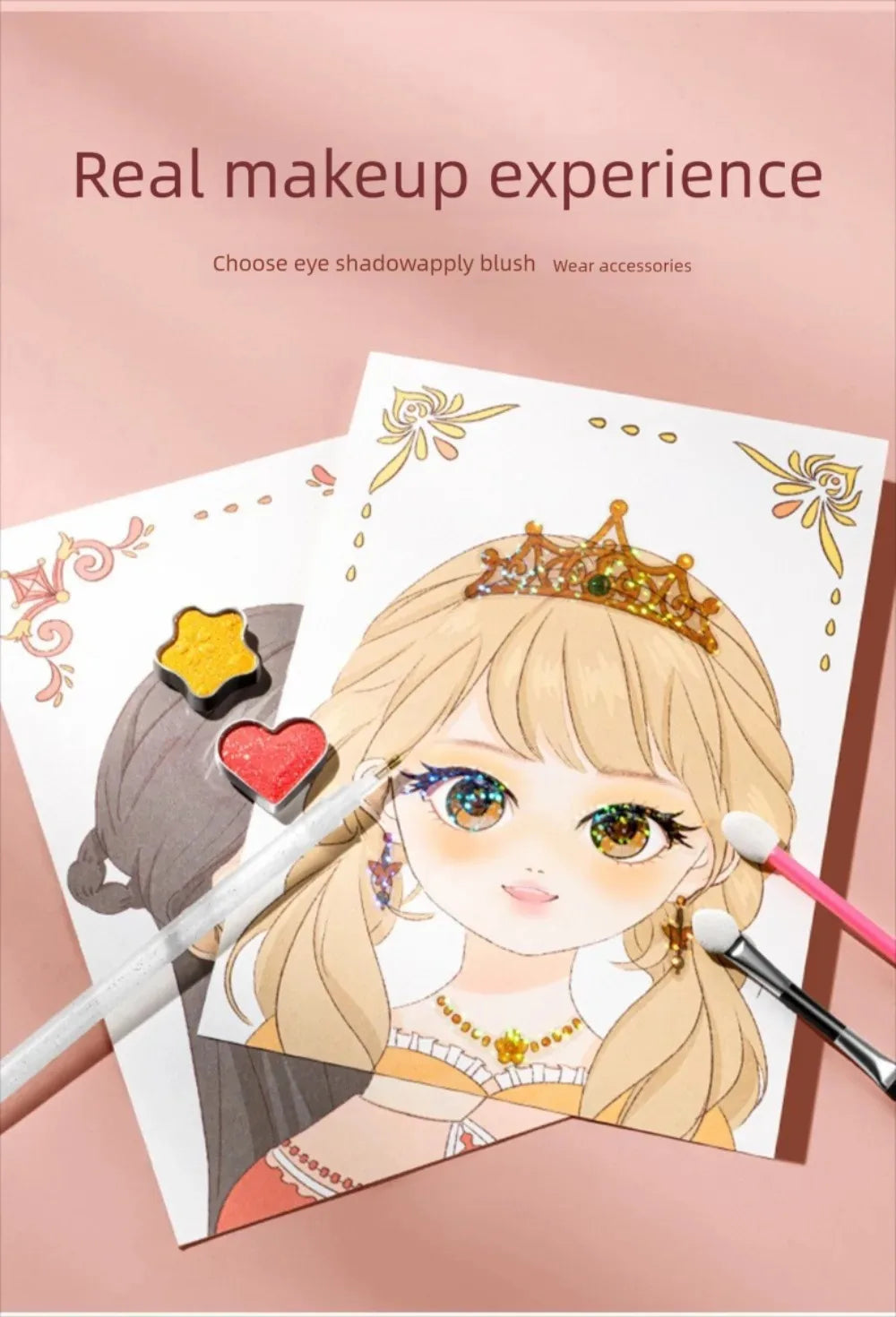 A drawing of a girl with blonde hair wearing a crown and makeup, surrounded by eyeshadow blush products.