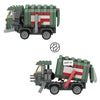 A green trash truck building block set with a working dump function, featuring a red and white striped container.
