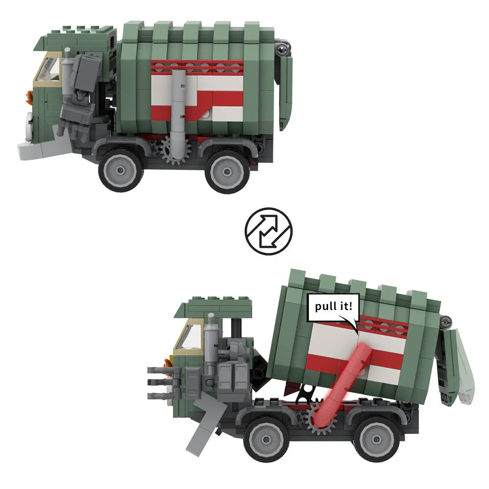 A green trash truck building block set with a working dump function, featuring a red and white striped container.
