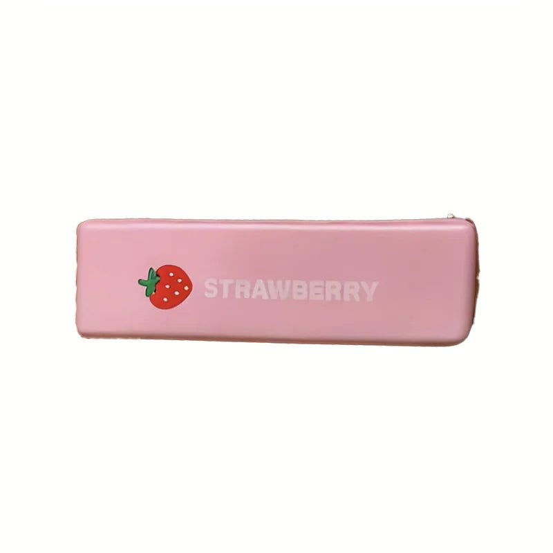 A pink butter squishy stress relief toy shaped like a strawberry with the word STRAWBERRY printed on it.