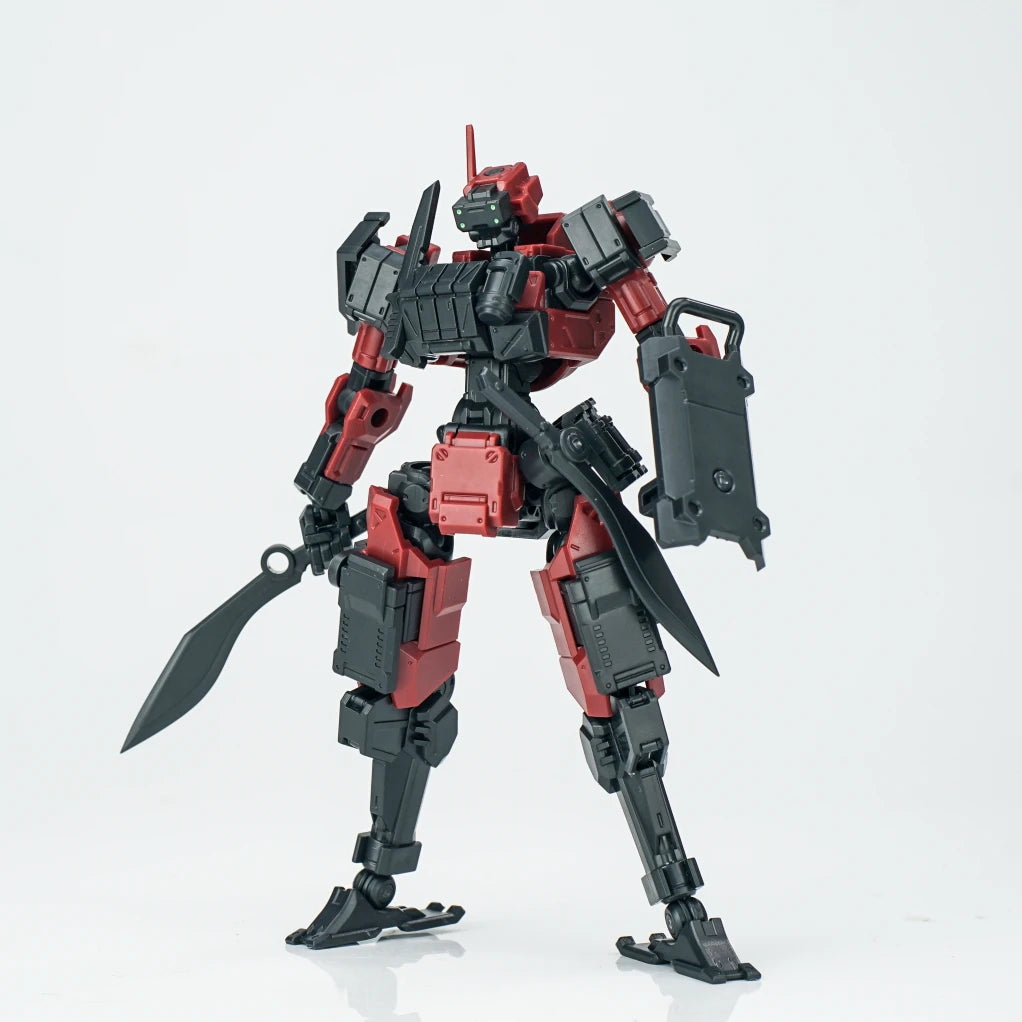 A 1/18 scale FENRIR A6 Assault Type Mecha model kit in black and red, shown from the front.