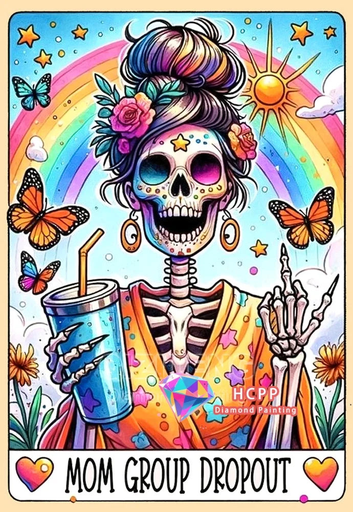 Diamond painting kit featuring a skull woman design with vibrant colors and floral elements.