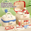 A storage box for a kids pretend play doctor kit with medical tools and carry case, featuring various plastic medical items.