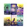 A collection of ten Cosmic Cycles Oracle cards featuring celestial and nature themes like Wheel of Fortune, The Moon, and Six