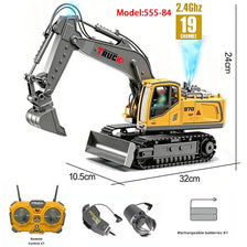 A yellow RC excavator model with a hydraulic arm, various attachments, and rechargeable batteries shown in detail.