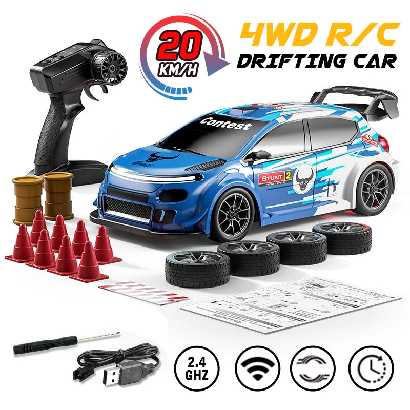 A blue 4WD RC drifting car is shown with a remote control, tires, and a map on a white surface.