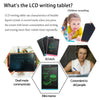 An 8.5-inch LCD writing tablet is shown with various applications including children's scrawling, a mini memo, and a device f
