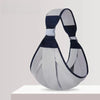 A gray and navy adjustable cotton ring sling baby carrier displayed on a white surface.