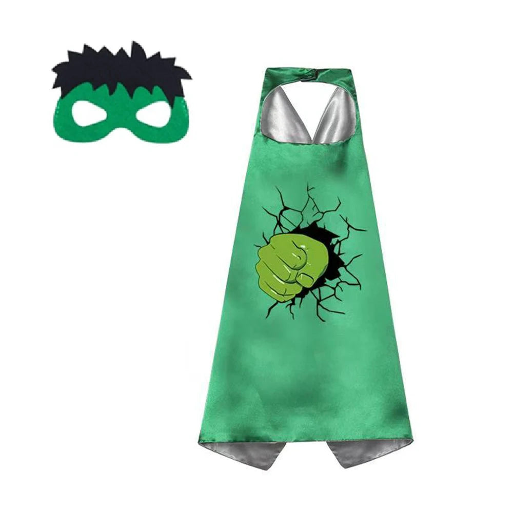 A green superhero cape and mask set for dress-up fun featuring a green mask and a green cape.