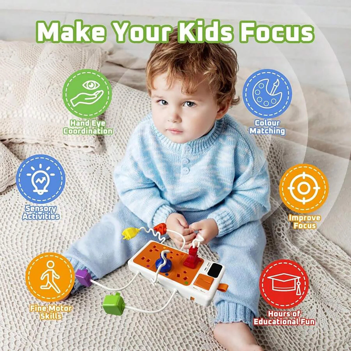 A toddler is playing with an interactive Montessori busy board featuring lights and sounds for sensory and fine motor skill d