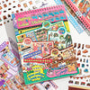 A colorful sticker set featuring miniature store scenes and themed designs for a supermarket and convenience store.