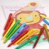 A collection of vibrant triangular crayons in various colors laid out on white paper.