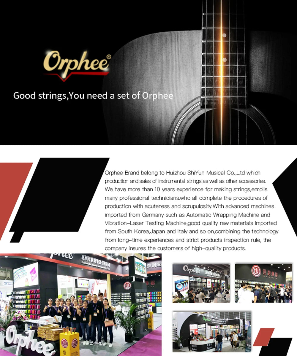 A close-up of a guitar neck and strings, with text promoting Orphee brand products.