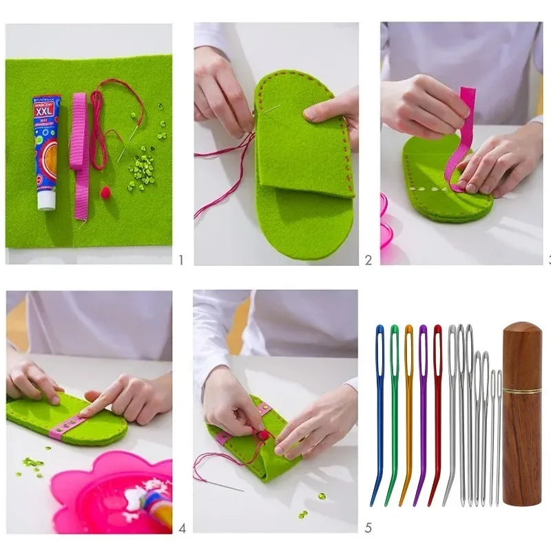 A set of large eye stainless steel sewing needles and a storage tube are shown with various colored needles and a green fabri