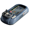 A blue kids interactive steering wheel driving toy with a checkered track and various vehicle figures.