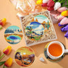 A diamond painting coaster kit with eight finished coasters and a wooden holder displayed on a light background.