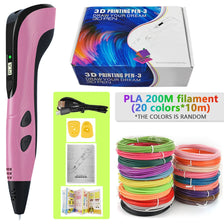 A pink 3D printing pen with a Type-C rechargeable battery and various colored PLA filaments.