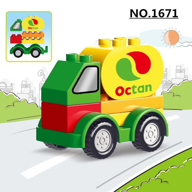 A yellow and green construction vehicle building block set labeled NO.1671.