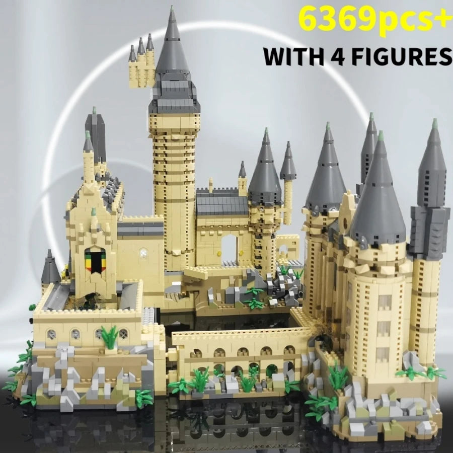 A set of 6369 pieces of medieval castle building blocks with four figures displayed on a surface.