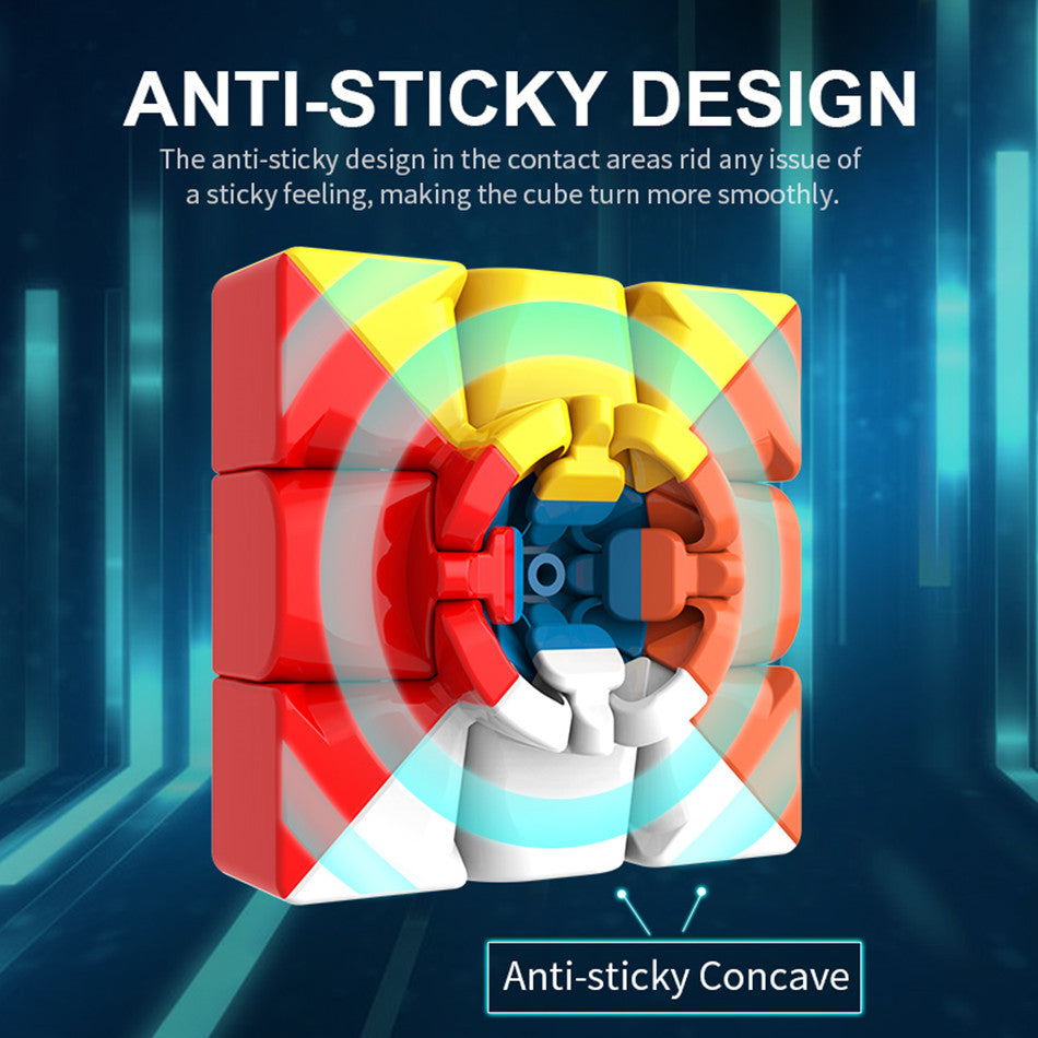 A red and white anti-sticky cube puzzle with a concave design shown against a blue background.