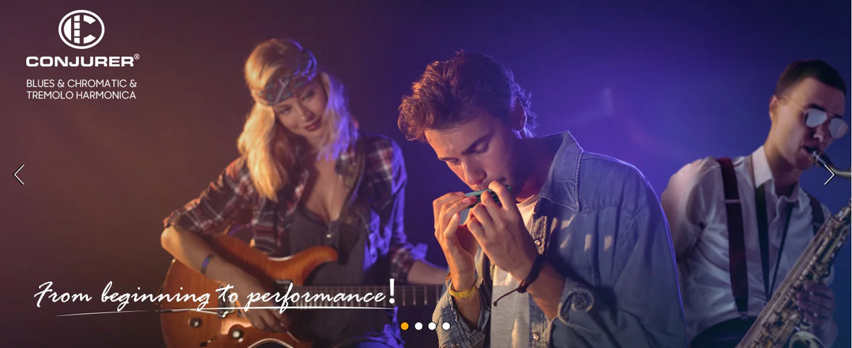 Three musicians performing with a harmonica and guitar under stage lights.
