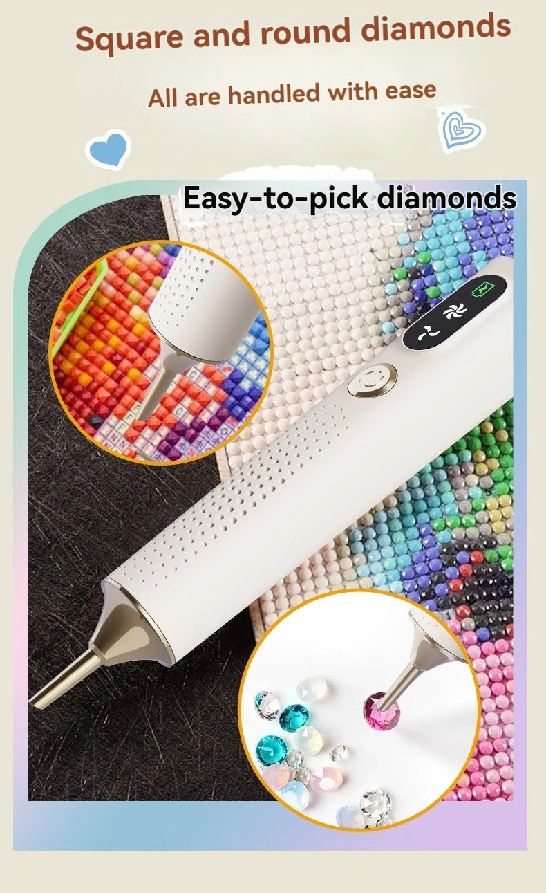 A white precision electric diamond art pen is shown with various colored diamonds and square and round diamonds.