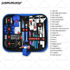 A black precision watch repair tool kit containing various tools like pliers, screwdrivers, and specialized implements.