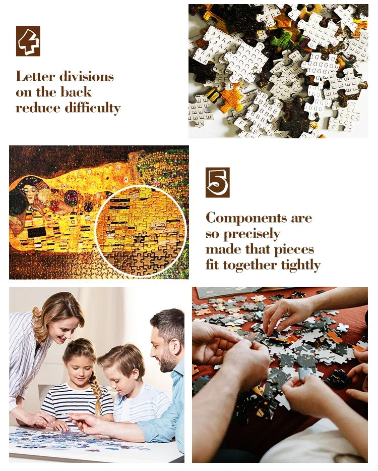 A collection of 1000-piece jigsaw puzzles showing various stages and components for assembly.
