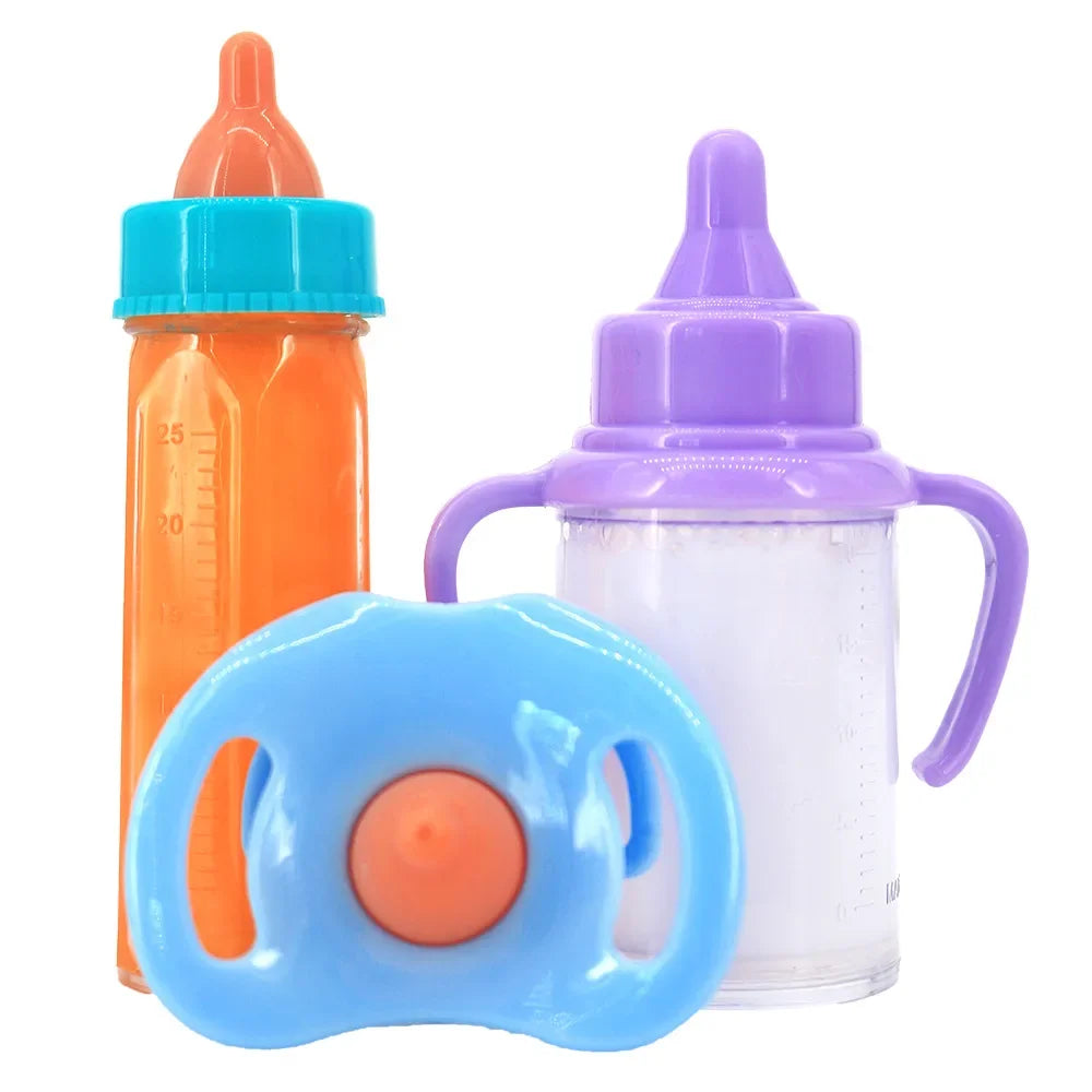 An orange feeding bottle and a purple baby bottle with a blue pacifier toy.